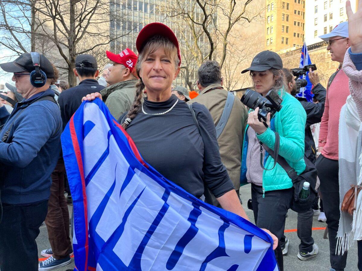 Kristine Goddard, a Trump supporter, outside a Manhattan courthouse where the former president appeared for an arraignment on April 3, 2023. (Eva Fu/The Epoch Times)