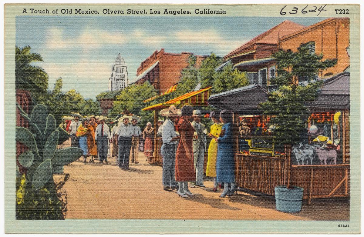 Olvera Street in Los Angeles, Calif. depicted on a postcard issued between 1930–1945. (Boston Public Library/CC by 2.0 via Wikimedia Commons)