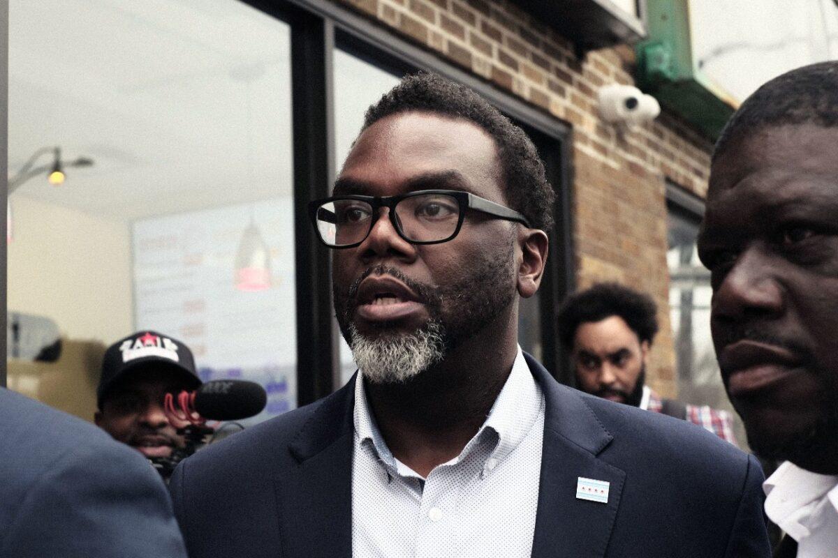 Chicago mayoral candidate Brandon Johnson leaves after campaigning at Manny's Cafeteria & Delicatessen during the mayoral runoff election at Robert Healy Elementary School on April 4, 2023 in Chicago, Illinois. (Alex Wroblewski/Getty Images)
