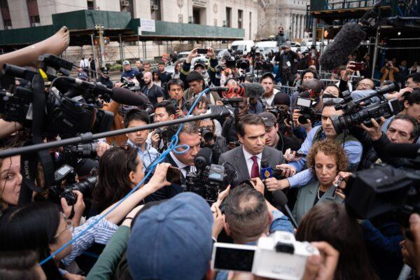 Attorneys for President Donald Trump speak to the media in front of a courthouse in Manhattan on April 4, 2023. (Samira Bouaou/The Epoch Times)