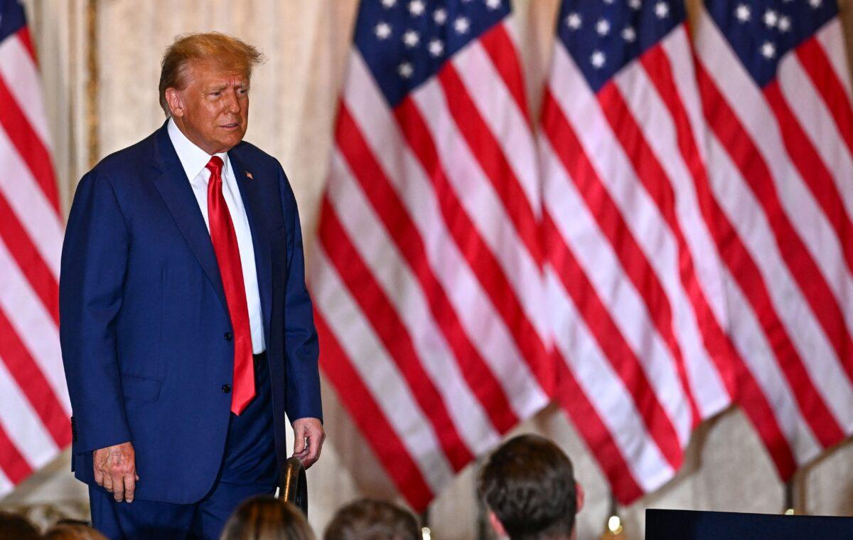 Former president Donald Trump speaks during a press conference at his Mar-a-Lago estate in Palm Beach, Fla., on April 4, 2023. (Chandan Khanna/AFP via Getty Images)