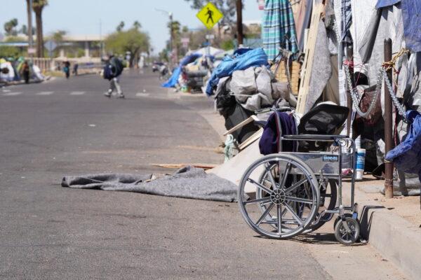 Many homeless people living in the Zone on April 3, 2023, were seniors with disabilities. (Allan Stein/The Epoch Times)