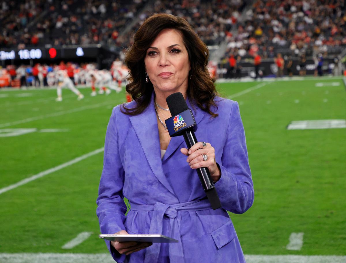 NBC "Sunday Night Football" sideline reporter Michele Tafoya speaks during a game between the Kansas City Chiefs and the Las Vegas Raiders at Allegiant Stadium on November 14, 2021, in Las Vegas, Nevada. (Ethan Miller/Getty Images)