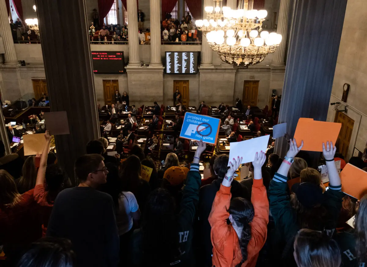 Protesters gather inside the Tennessee State Capitol to call for an end to shootings and support more restrictive gun laws in Nashville, Tennessee, on March 30, 2023. (Seth Herald/Getty Images)