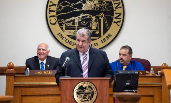 Mayor Joseph DeStefano speaks during his State of the City address at city hall in Middletown, N.Y., on April 4, 2023. (Cara Ding/The Epoch Times)