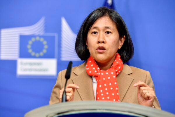 US Trade Representative Katherine Tai addresses the media on recent developments in trans-Atlantic trade after a meeting at European Union headquarters in Brussels, on Jan. 17, 2023. (Geert Vanden Wijngaert/AP Photo)