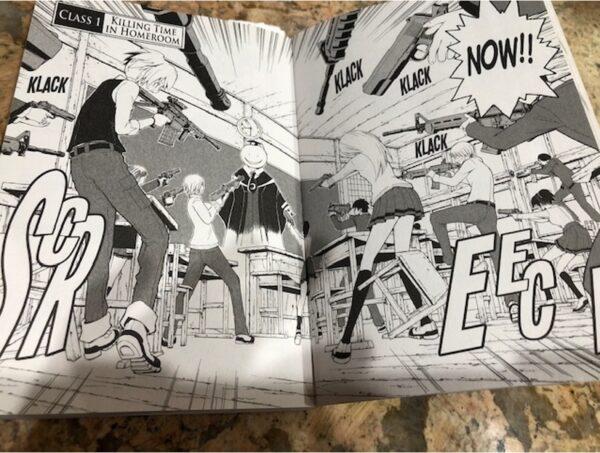 A photo of controversial content in the first book from the 20-volume series, “Assassination Classroom,” that is being recommended to students in Hillsborough County Public Schools depicting students trying to shoot and kill their teacher. (Courtesy of Debbie Hunt)