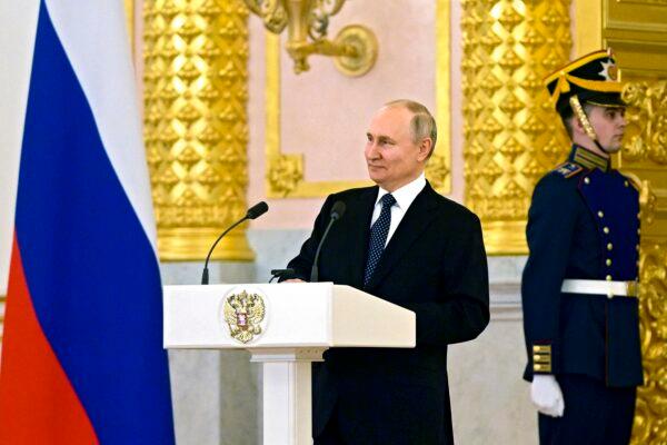Russian President Vladimir Putin delivers a speech as he attends a ceremony to receive credentials from newly appointed foreign ambassadors to Russia, at the Kremlin in Moscow on April 5, 2023. (Vladimir Astapkovich, Sputnik, Kremlin Pool Photo via AP)