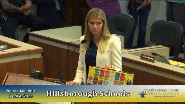 Kelly Carling, a Mom's for Liberty member, shares her thoughts about a graphic book series with the Hillsborough County School Board in Tampa, Fla., on April 4, 2023. (Screenshot via The Epoch Times/Hillsborough County Public Schools)