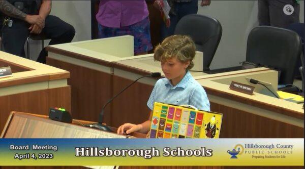 Cato Carling, a fourth-grade student in Hillsborough County, Fla., shares his thoughts with the Hillsborough County School Board meeting about a disturbing book series available to students as young as 11 on April 4, 2023. (Screenshot via The Epoch Times/Hillsborough County Public Schools)