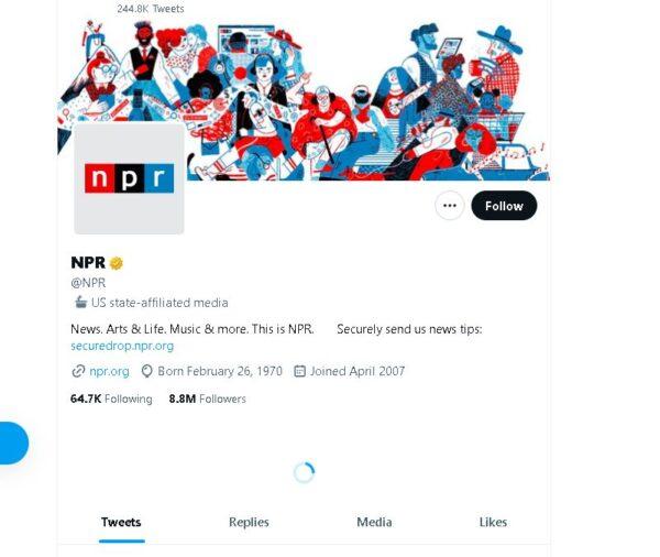 National Public Radio (NPR) was listed by Twitter as a "US state-affiliated media" on Tuesday. (Twitter screenshot via The Epoch Times)