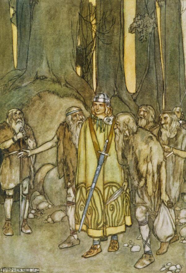 Fionn MacCool (mac Cumhaill) meets his father's old companions in the forests of Connacht. Illustration by Stephen Reid. (Public Domain)