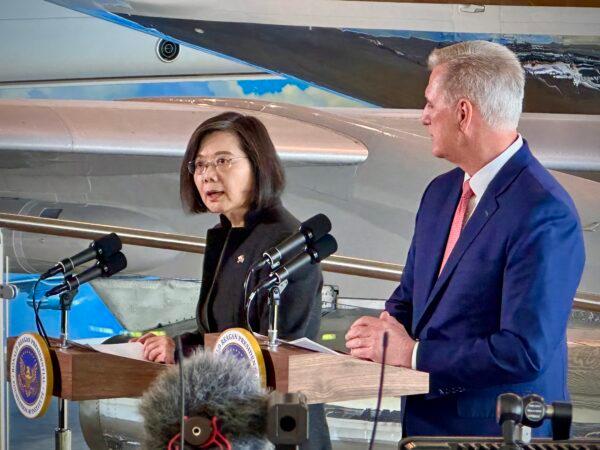 Taiwan President Tsai Ing-wen speaks at a press conference alongside House Speaker Kevin McCarthy (R-Calif.) during a meeting with a bipartisan congressional delegation at the Ronald Reagan Presidential Library in Simi Valley, Calif., on April 5, 2023. (John Fredricks/The Epoch Times)