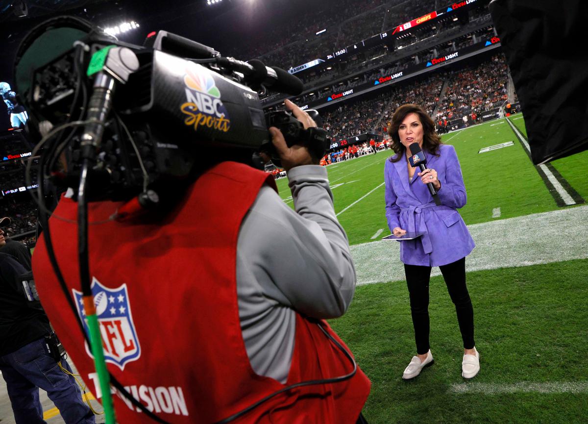 NBC "Sunday Night Football" sideline reporter Michele Tafoya reporting from the sidelines during her tenure with NBC Sports. (Ethan Miller/Getty Images)