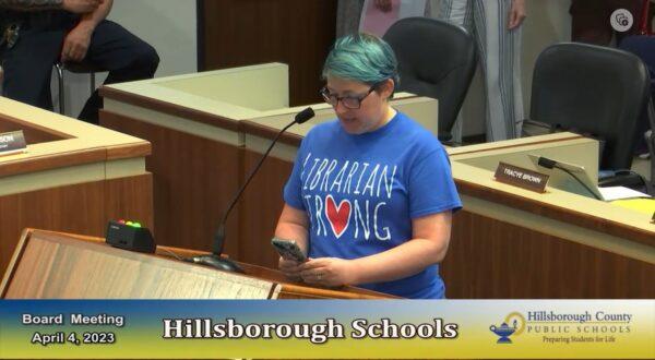 Rene Bowser, a parent, educator, and elementary media specialist, speaks at the Hillsborough County School Board meeting in Tampa, Fla., on April 4, 2023. (Screenshot from Hillsborough County School Board Meeting)