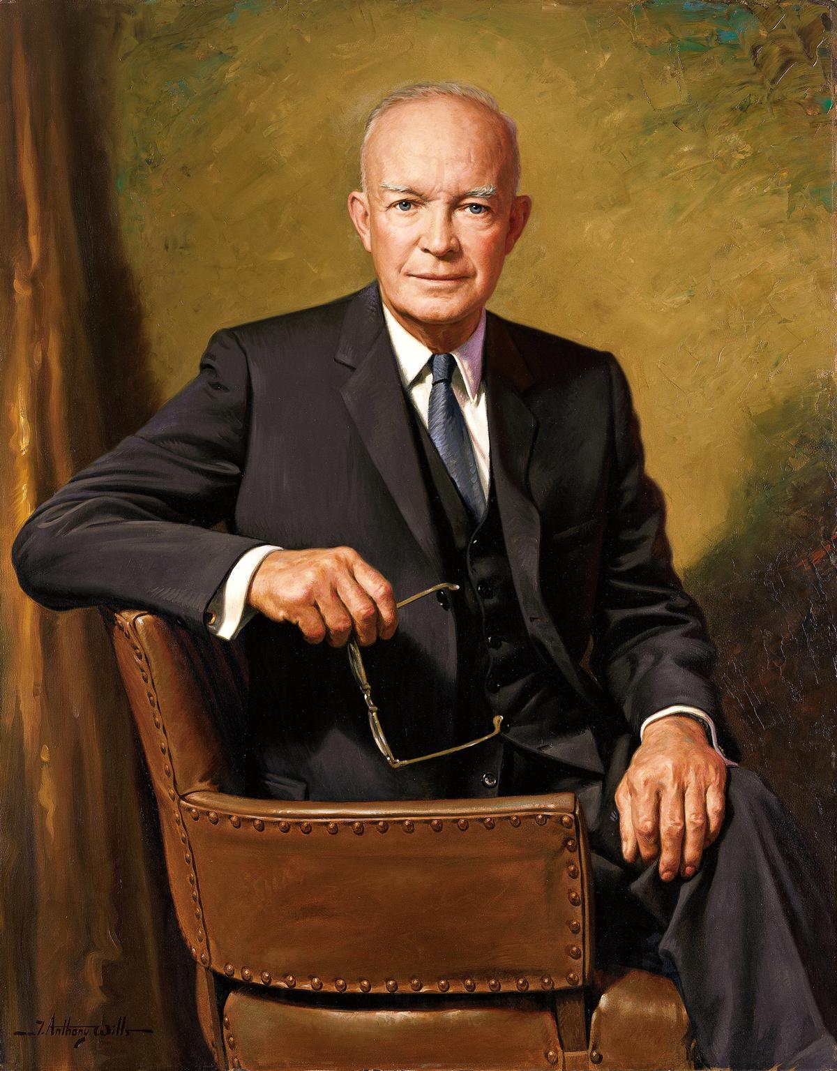 Official presidential portrait of Dwight D. Eisenhower, 1967, by James Anthony Wills. In his televised farewell address, Eisenhower warns against the "military-industrial complex." (Public Domain)