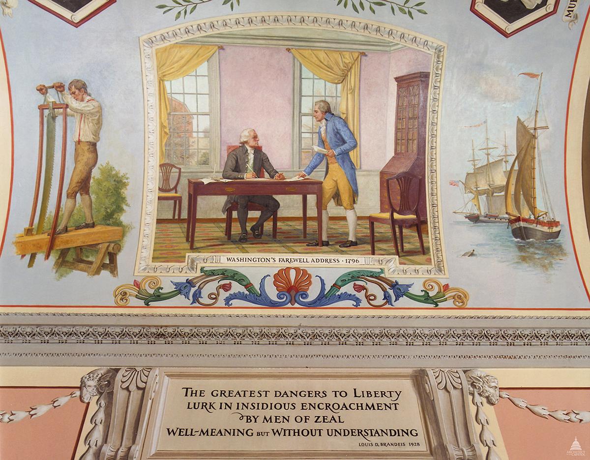 George Washington urged America, "Observe good faith and justice toward all nations. Cultivate peace and harmony with all." He is depicted here at his desk with Alexander Hamilton, who helped him write the address. (Public Domain)