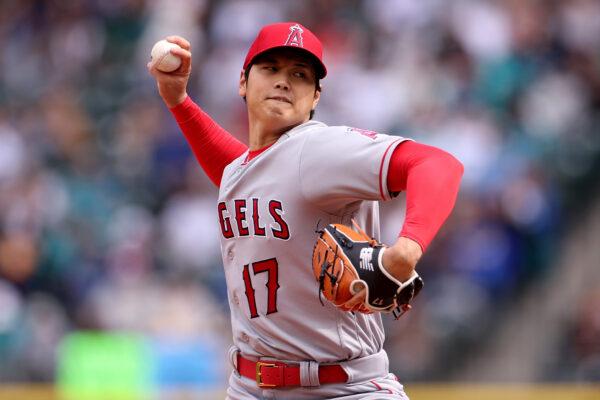 Shohei Ohtani (17) of the Los Angeles Angels pitches during the first inning against the Seattle Mariners at T-Mobile Park in Seattle on April 5, 2023. (Steph Chambers/Getty Images)