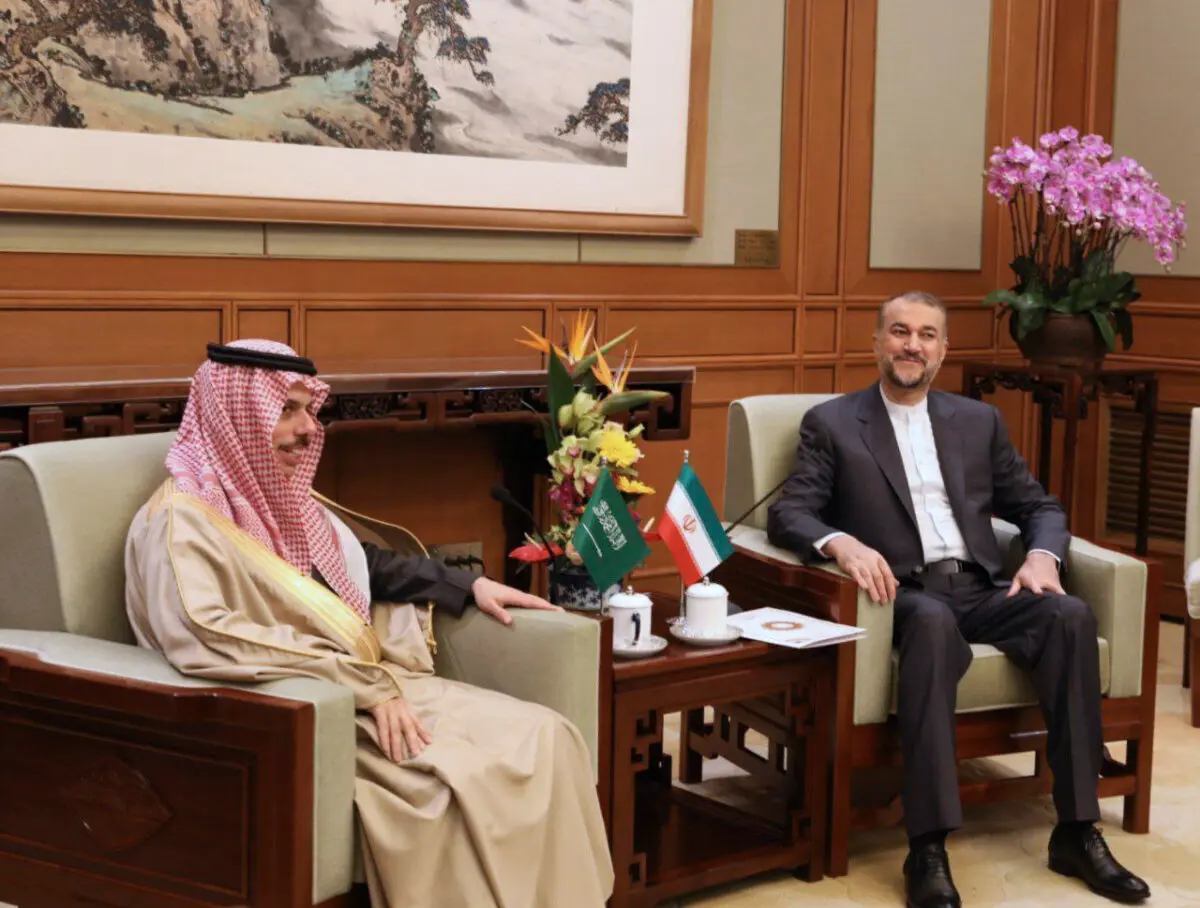 Then-Iranian Foreign Minister Hossein Amirabdollahian (R) meets with his Saudi Arabian counterpart Prince Faisal bin Farhan Al Saud in Beijing on April 6, 2023. (Iranian Foreign Ministry via AP)