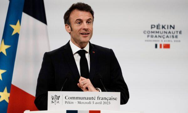 French President Emmanuel Macron gives a speech as he meets members of the French community in Beijing on April 5, 2023. (Thibault Camus/AP Photo)