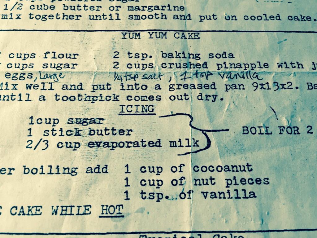 The original paper recipe for Pineapple Cake, very fittingly named “Yum Yum Cake.” (Courtesy of Amy Dong)