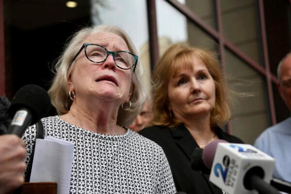 Abuse victim Jean Hargadon Wehner (L) speaks to the media after the release of the redacted report on child sexual abuse in the Archdiocese of Baltimore by the Maryland Attorney General's Office, on Wednesday, April 6, 2023. Standing next to her is victim Teresa Lancaster. (Kim Hairston/The Baltimore Sun via AP)