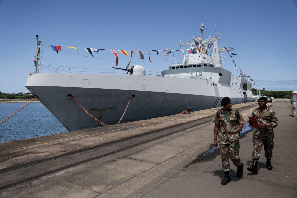 South African National Defence Force soldiers walk past the South African frigate SAS Mendi docked at the port in Richards Bay, South Africa, on Feb. 22, 2023. (Guillem Sartorio/AFP via Getty Images)