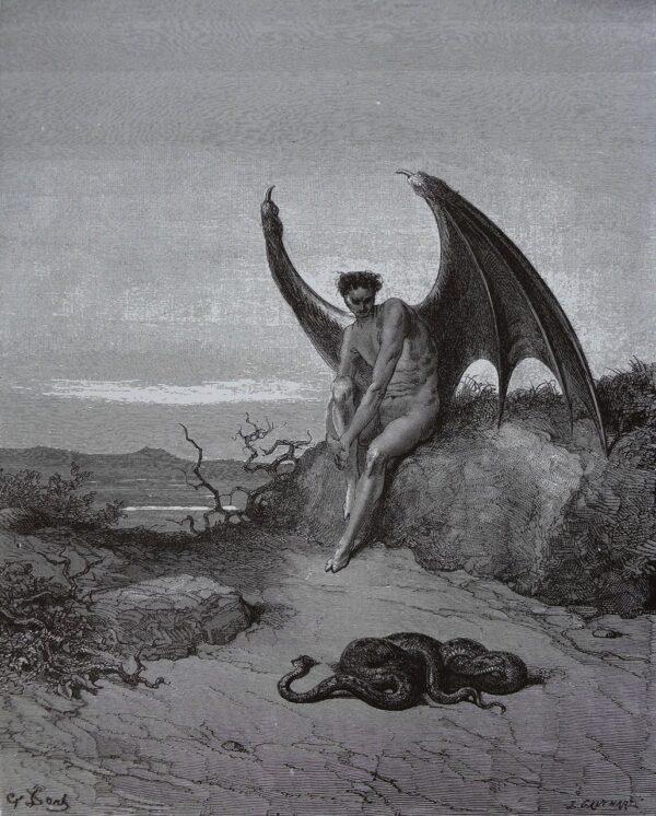 <span style="font-weight: 400;">“</span><a href="https://commons.wikimedia.org/wiki/File:Paradise_Lost_38.jpg"><span style="font-weight: 400;">Him, fast sleeping, soon he found in labyrinth of many a round, self-rolled</span></a><span style="font-weight: 400;">” (IX. 182,183), </span><span style="font-weight: 400;">1866, by Gustav Doré for John Milton’s “Paradise Lost.” Engraving. (Public Domain)</span>