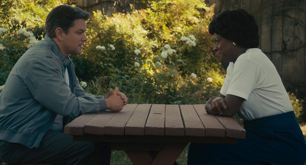 Sonny Vaccaro (Matt Damon) pays a visit, which is against the rules, to surreptitiously pitch Deloris Jordan (Viola Davis), in "Air." (Warner Bros. Pictures)