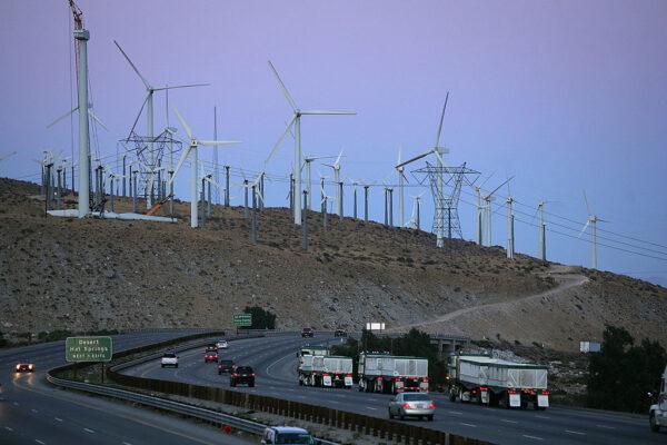 Giant wind turbines near the Interstate 10 freeway are powered by strong prevailing winds in Palm Springs, Calif., on May 13, 2008. (David McNew/Getty Images)