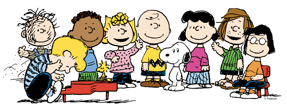 Meet some of the characters from Schulz’s “Peanuts” world: (L–R) Piano-playing Schroeder with Woodstock the bird, Pigpen and his famous dust cloud, pal Franklin, attention-grabbing Sally, Charlie Brown with his beagle Snoopy, the crabby Lucy, and pals Peppermint Patty and Marcie. (Courtesy of Peanuts Worldwide, LLC)