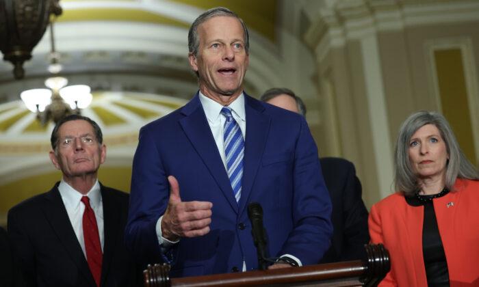 Sen. John Thune (R-S.D.) speaks after a Republican policy luncheon at the U.S. Capitol in Washington on March 28, 2023. (Kevin Dietsch/Getty Images)