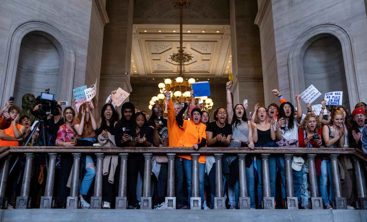 Protesters gather inside the Tennessee State Capitol to call for an end to gun violence and support stronger gun laws in Nashville, Tennessee, on March 30, 2023. (Seth Herald/Getty Images)