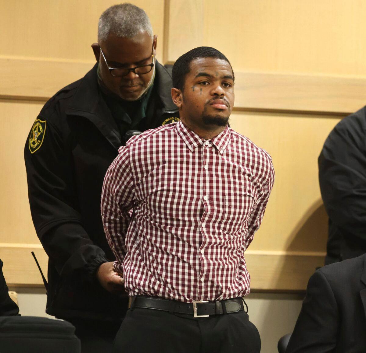 Dedrick Williams is handcuffed after he was found guilty of first-degree murder of emerging rapper XXXTentacion at the Broward County Courthouse in Fort Lauderdale, Fla., on March 20, 2023. (Carline Jean/South Florida Sun-Sentinel via AP, Pool)