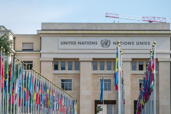 Flags stand outside the United Nations (UN) building in Geneva, Switzerland, on May 3, 2022 in Geneva, Switzerland. Switzerland, which has a long tradition of neutrality in international politics, has joined Europe in a broad selection of sanctions against Russia. (Robert Hradil/Getty Images)