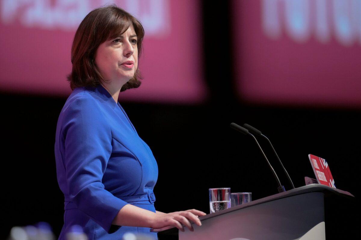 Labour's shadow culture secretary Lucy Powell delivers her keynote speech on day three of the Labour Party Conference at the ACC in Liverpool, England, on Sept. 27, 2022. (Christopher Furlong/Getty Images)