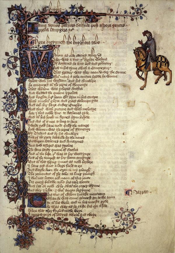 The first page of "The Knight's Tale" in the Ellesmere manuscript. (Public Domain)