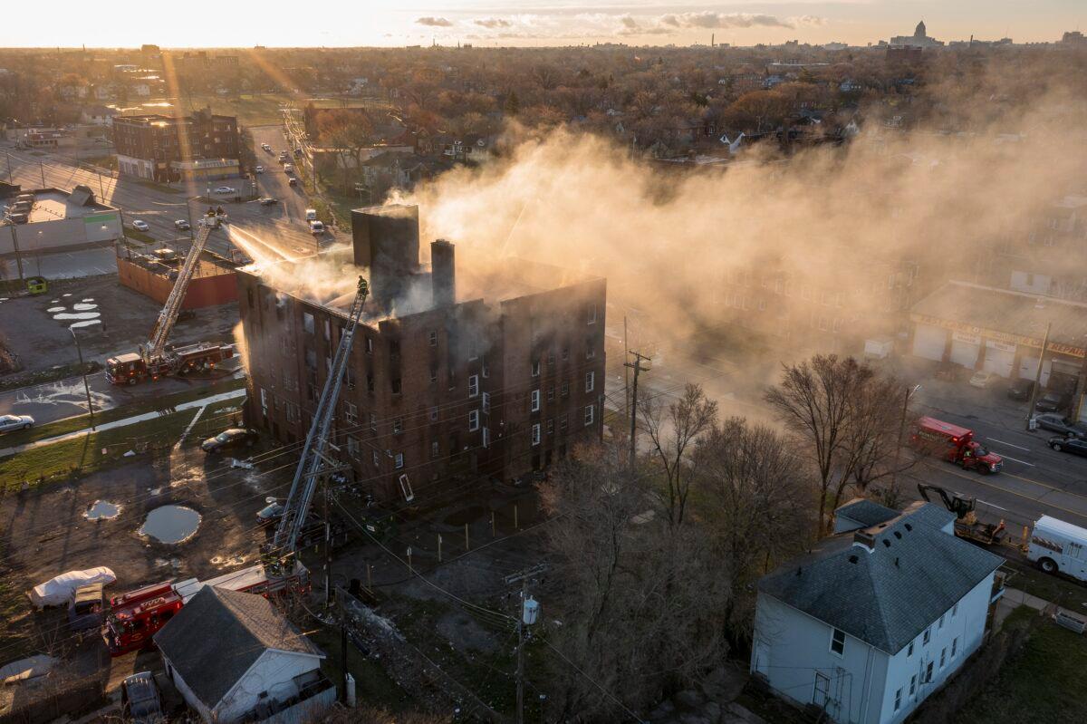 Firefighters battle a large fire in Detroit on April 7, 2023. (Andy Morrison/Detroit News via AP)