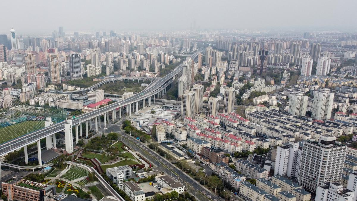 An aerial view shows the Pudong area in lockdown in Shanghai on March 30, 2022. (Hector Retamal/AFP via Getty Images)