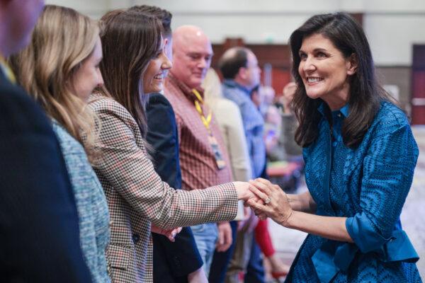 Republican presidential candidate and former U.N. Ambassador Nikki Haley greets attendees after speaking at the Vision ’24 National Conservative Forum in Charleston, S.C., on March 18, 2023. (Win McNamee/Getty Images)