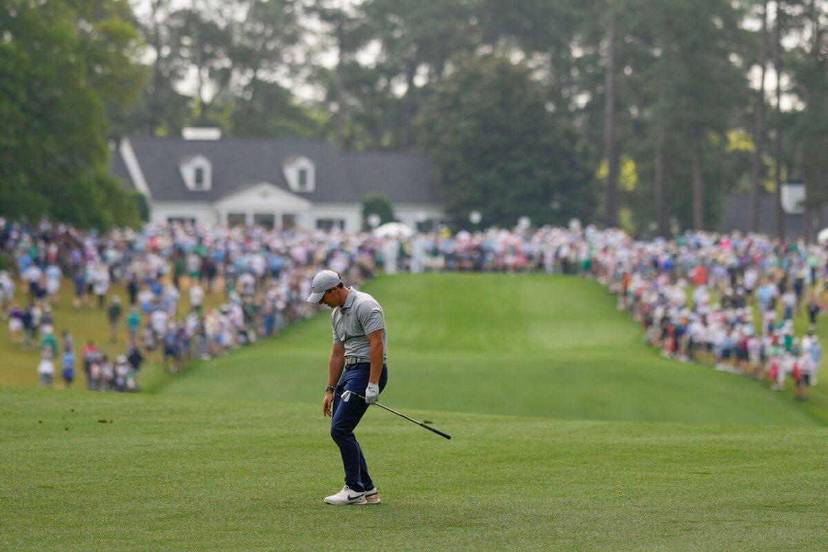 Rory McIlroy of Northern Ireland reacts to his shot on the first hole during the second round of the Masters golf tournament at Augusta National Golf Club in Augusta, Ga., on April 7, 2023. (Matt Slocum/AP Photo)