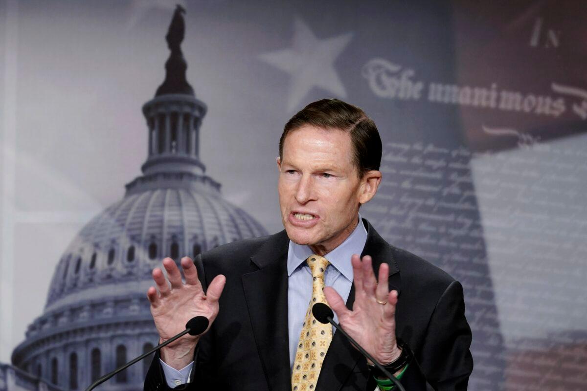 Sen. Richard Blumenthal (D-Conn.) speaks during a news conference on Capitol Hill in Washington on Feb. 16, 2023. (Mariam Zuhaib/AP Photo)