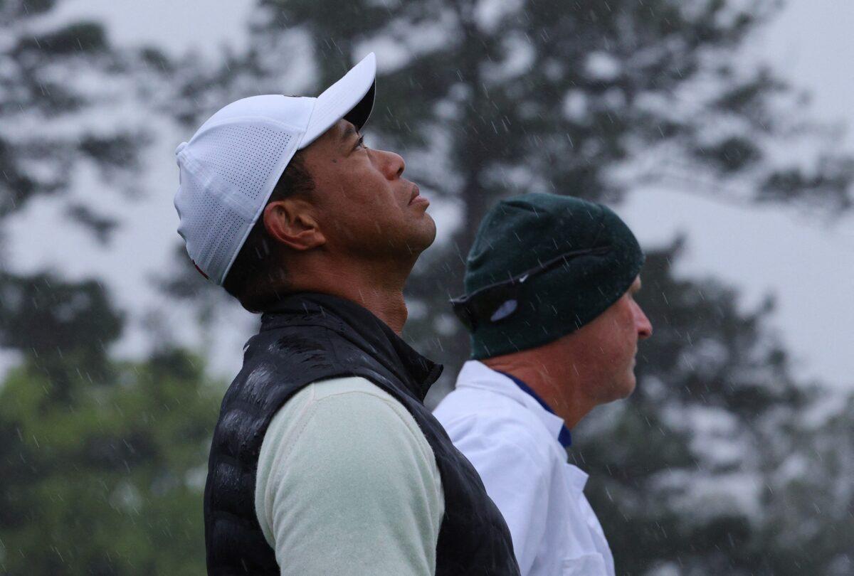 Tiger Woods of the United States reacts on the 18th green during the second round of the Masters golf tournament at Augusta National Golf Club in Augusta, Ga., on April 8, 2023. (Brian Snyder/Reuters)