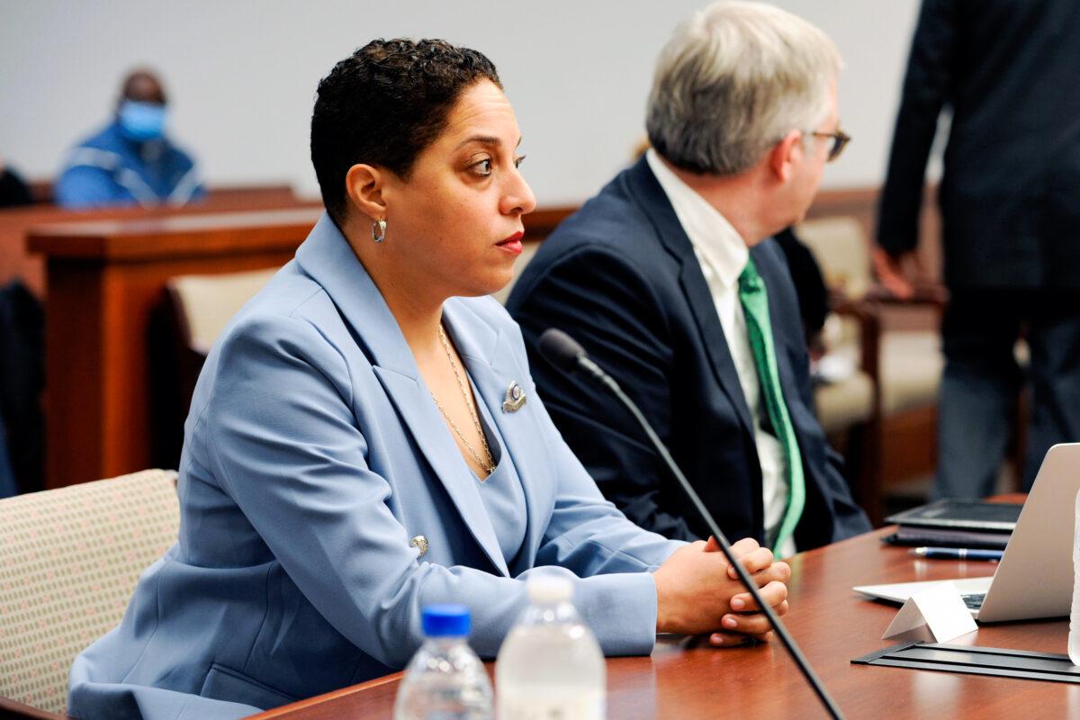 St. Louis Circuit Attorney Kim Gardner appears at her disciplinary hearing in St. Louis, Mo., on April 11, 2022. (T.L. Witt/Pool via Missouri Lawyers Media/AP Photo)