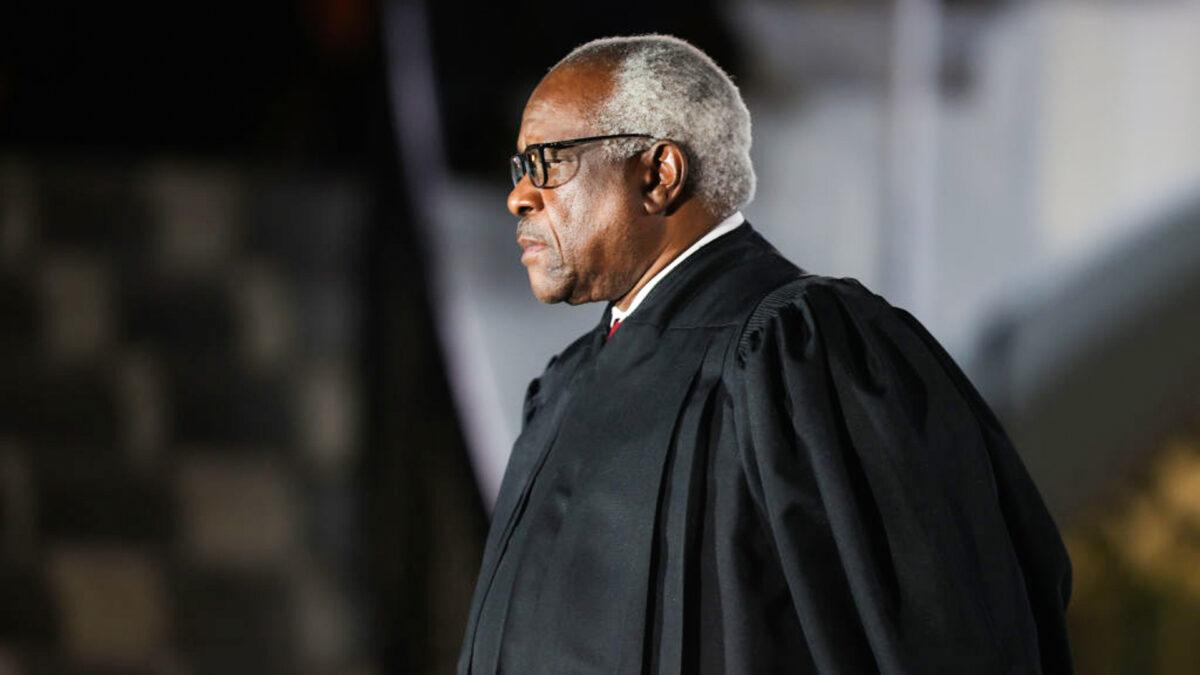 Supreme Court Associate Justice Clarence Thomas attends the ceremonial swearing-in ceremony for Justice Amy Coney Barrett on the South Lawn of the White House in Washington on Oct. 26, 2020. (Tasos Katopodis/Getty Images)