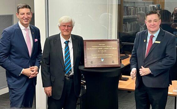 (L-R) Perth Mayor Basil Zempilas, Emeritus Professor Gabriel A Moens, and Professor Augusto Zimmermann at the opening of The Professor Gabriel A. Moens Library at the Sheridan Institute of Higher Education in the city of Perth, Australia on April 4, 2023. (Courtesy of Mark Hutchison)