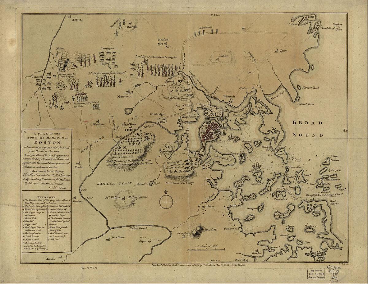 A hand-colored survey and plan of the town and harbor of Boston for the 1775 Battles of Lexington and Concord and the Siege of Boston. Published in London on July 29, 1775, and penned, “Humbly inscribed to Rich. Whitworth Esq. member of Parliament for Stafford by his most Obedient Servant J. De Costa.” (Public domain)