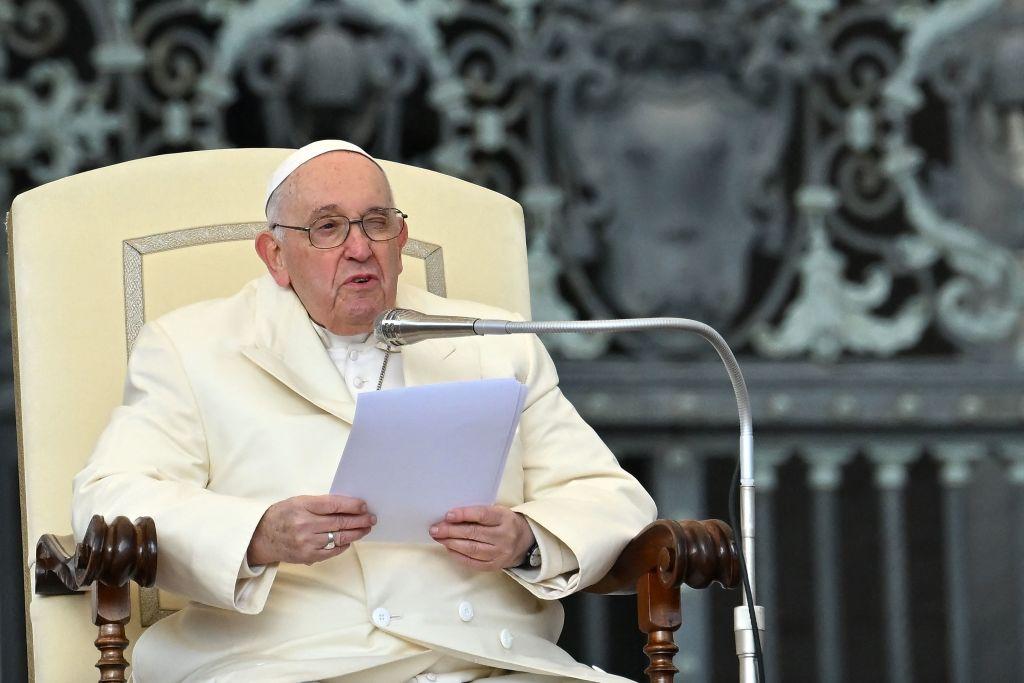 Pope Francis speaks during the weekly general audience at St. Peter's Square in the Vatican on April 5, 2023. (Filippo Monteforte/AFP via Getty Images)