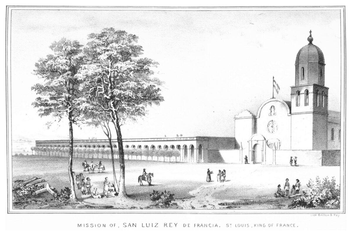 Image of Mission San Luis Rey de Francia from "The Colonial History of the City of San Francisco" from 1866. (Public Domain)