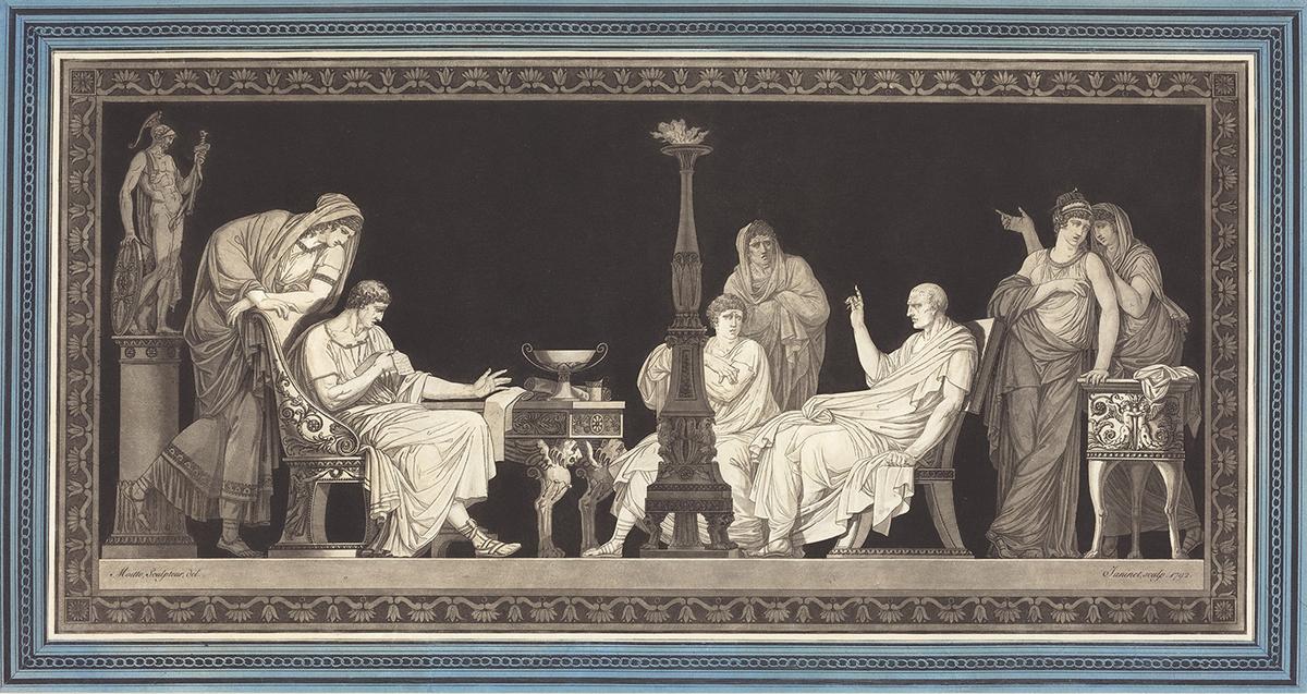 Senator Catiline’s conspiracy to overthrow the Roman government in 63 B.C. was prevented and exposed by Cicero. Seated left is Catiline in “The Catiline Conspiracy,” 1792, by Jean-François Janinet after Jean-Guillaume Moitte. Etching.  National Gallery of Art, Washington. (Public Domain)